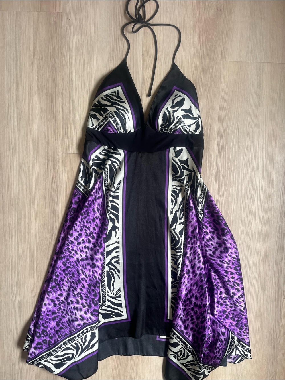 Le Chateau Vintage Y2K  Midi Halter Dress Zebra&Leopard Print Handkerchief Hem